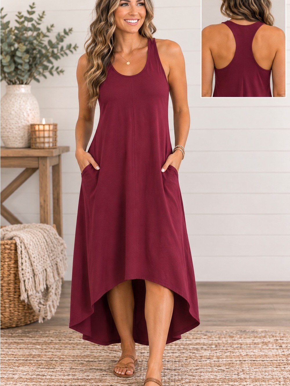 HALARA Sleeveless High-Low Midi Dress in Burgundy